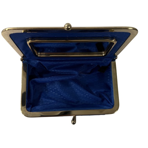 Vintage Coin Purse Eel Skin Clam Shell Make Up Bag Kiss Lock Frame Mirrored Blue - Picture 11 of 15